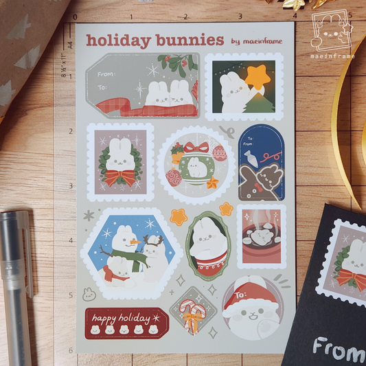 Holiday bunnies | stamps & gift labels | 4x6in sticker sheet